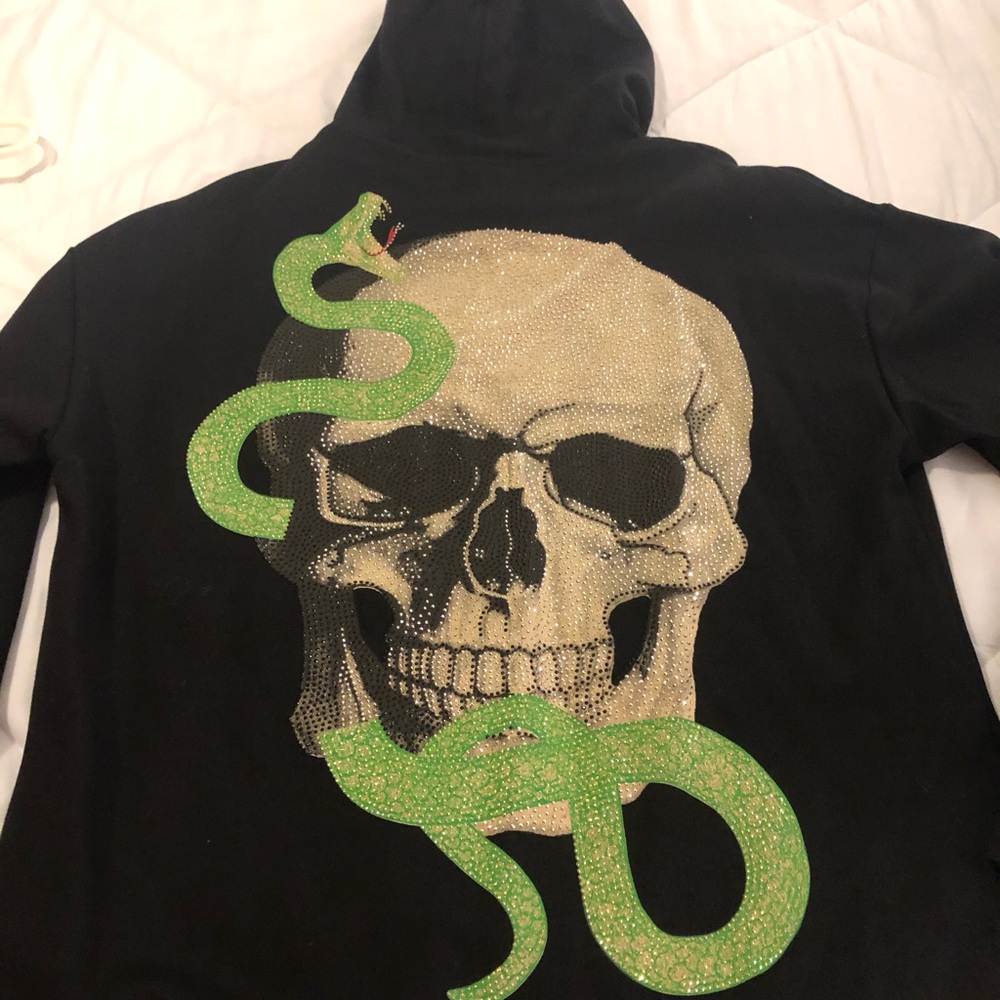Hooded Sweatshirt with Diamond Studded Skull/Snake